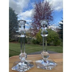 Pair of Val St Lambert Gardenia Crystal Candle Holders 9.5” Tall